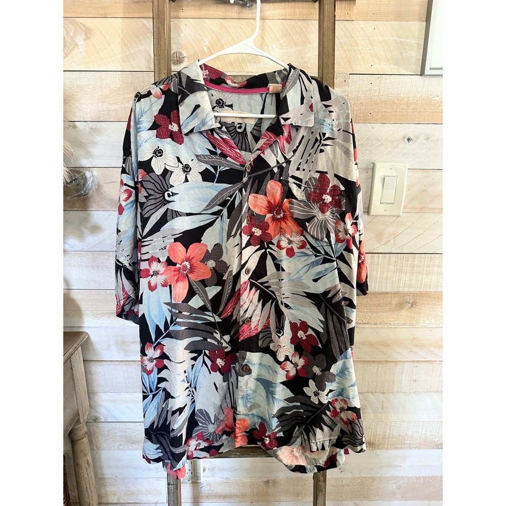 Tommy Bahama Mens XXL 100% Silk Tropical Floral Camp Shirt Black Coral Blue